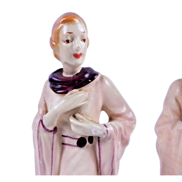 Pair Circa 1920's Elegant Woman in Robe Full Body Chalkware Statue Figurines 12" - Picture 6 of 10